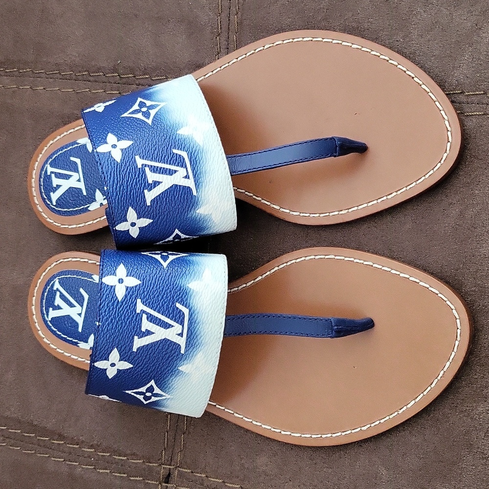 Louis Vuitton Blue Escale Monogram Slide Flats Flip Flop Size 38 Lock It Mules